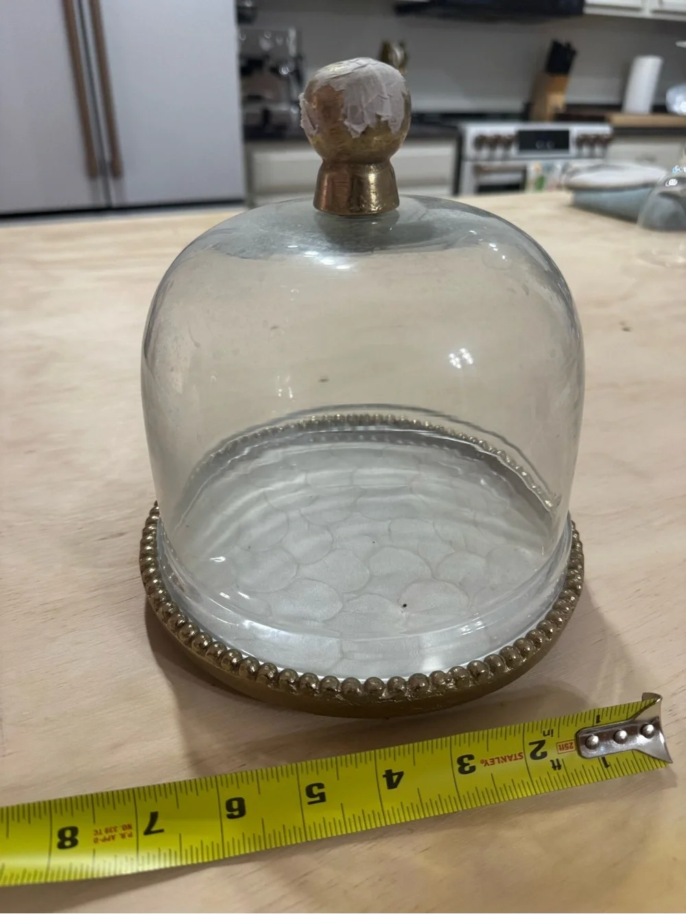 Glass Dome Cloche Cake Cover with Gold Beaded Iridescent Base